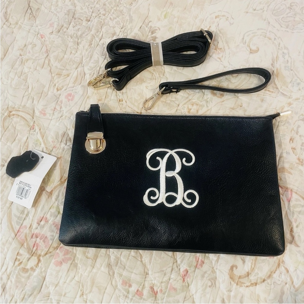Large Designer Inspired Clutch w/ Crossbody Strap Black Leather Monogrammed  "B"